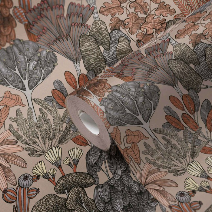 Papel pintado motivos florales árboles dibujados marrón beige -  222-3023