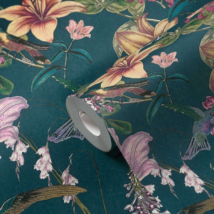 Papeldecor|Wallpaper romantic floral with birds emerald green|Wallpaper