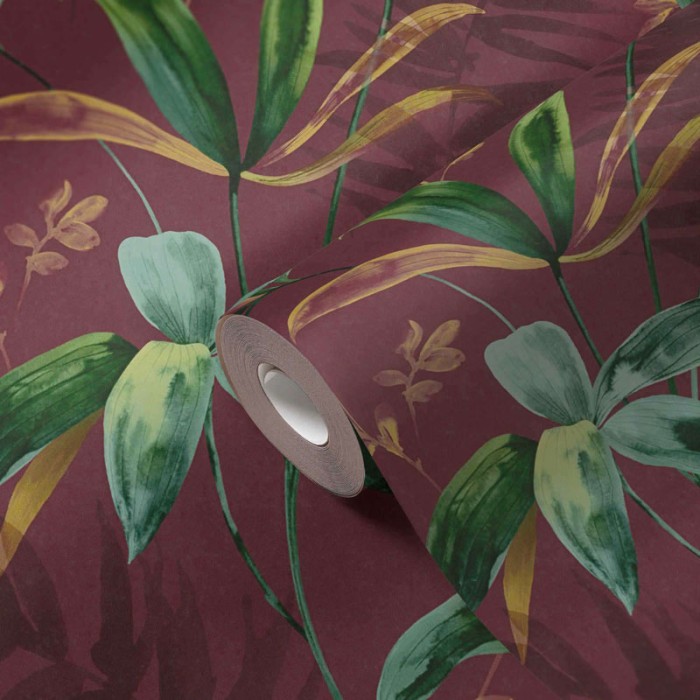Papeldecor|Papel pintado floral acuarela con fondo rojo burdeos|Papel Pintado