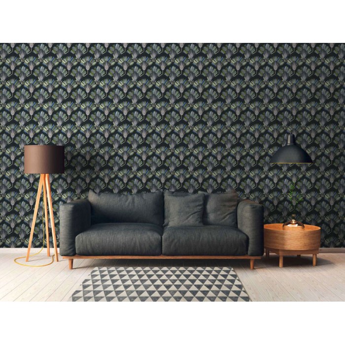 Papeldecor|Papel pintado floral con palmeras, fondo negro|Papel Pintado