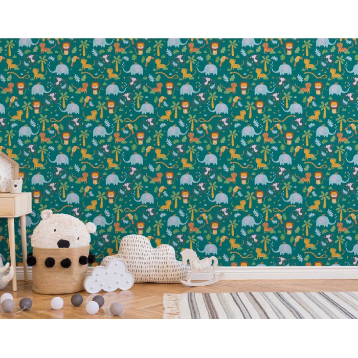 Papel pintado infantil verde con animales selva -  222-3078