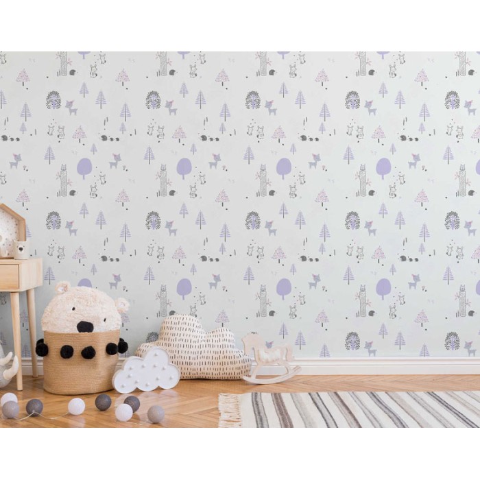 Papeldecor|Papel pintado infantil animales bosque blanco y lila|Papel Pintado