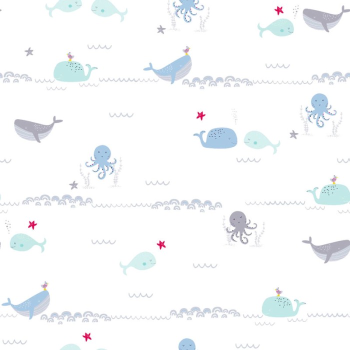 Papeldecor|Papel pintado infantil ballenas y animales marinos|Papel Pintado