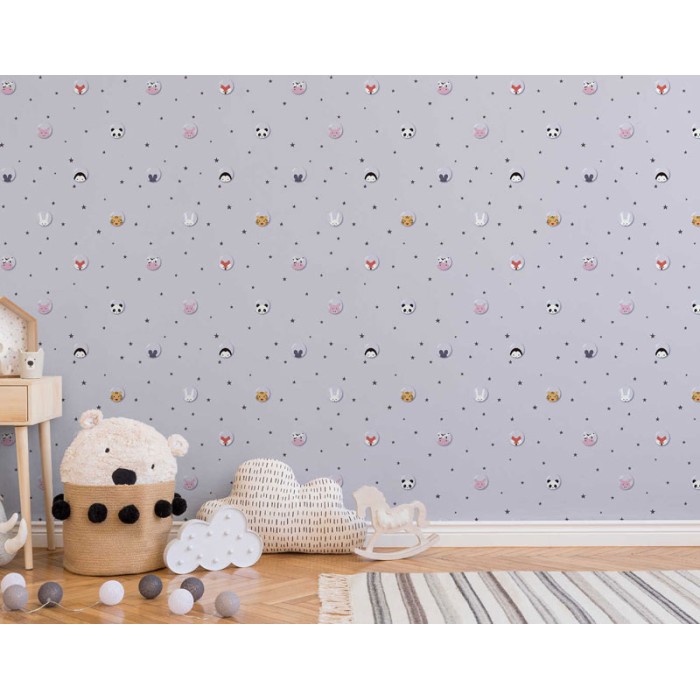 Papeldecor|Papel pintado infantil estrellas y animales fondo gris|Papel Pintado