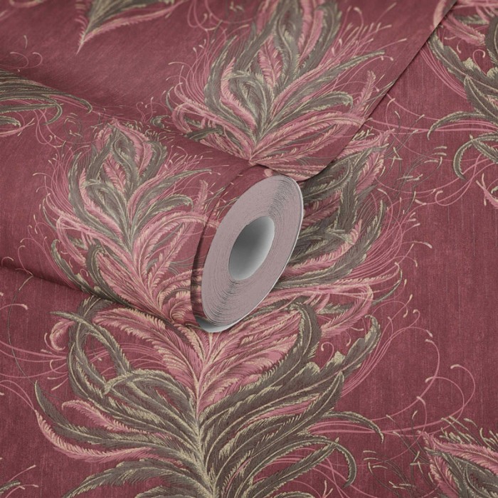 Papeldecor|Tapete Barockstil Rot mit goldenen Federn|Tapeten
