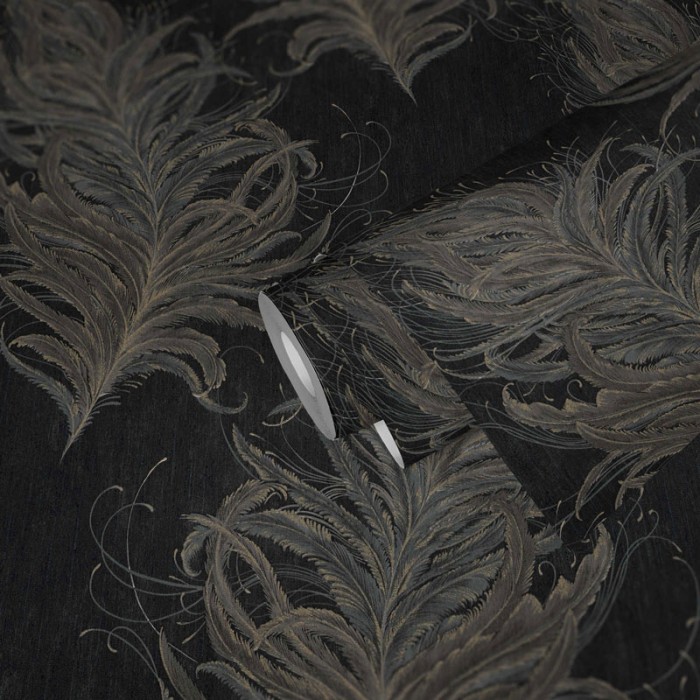 Papeldecor|Barocke Blumentapete mit schwarzen und goldenen Federn|Tapeten