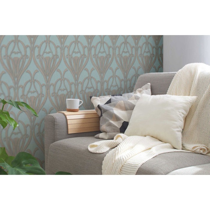 Papel pintado verde menta patrón Art Deco efecto texturizado -  222-3122