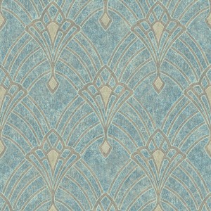 Caselio|Art-Déco-Tapete mit Muscheln in Blau und Gold|Art Deco