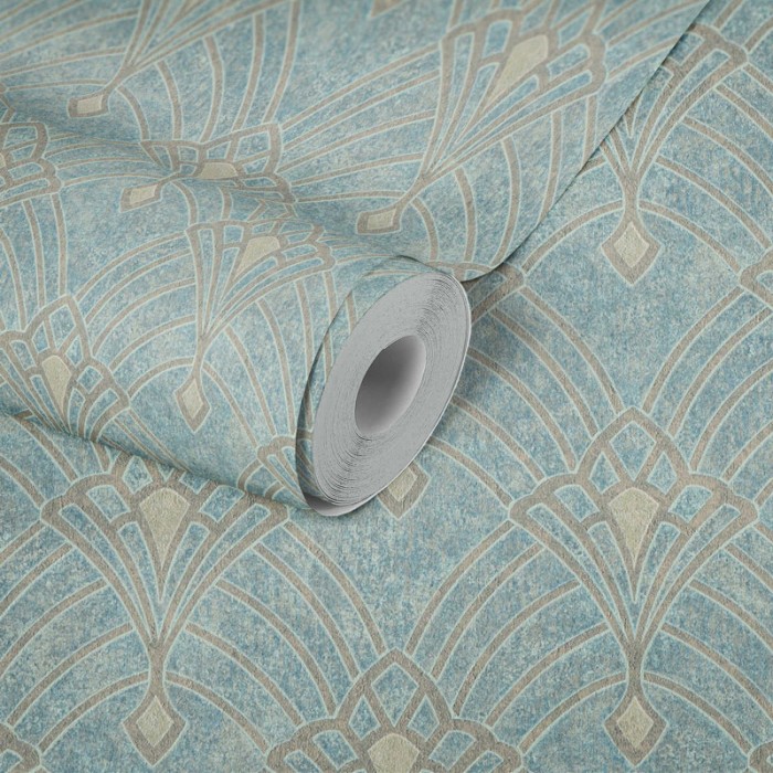 Papeldecor|Papier peint Art déco vert motifs métallisés effet plâtre|Papier Peint