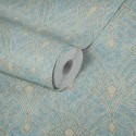 Papeldecor|Art Deco wallpaper green with metallic motifs, plaster effect|Wallpaper