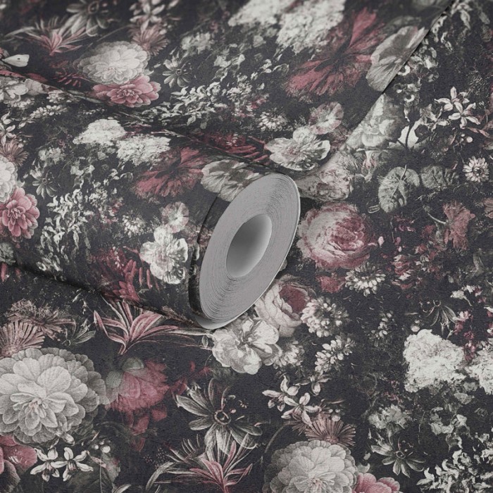 Papeldecor|Ölgemälde-Blumentapete Vintage mit schwarzem Hintergrund|Tapeten