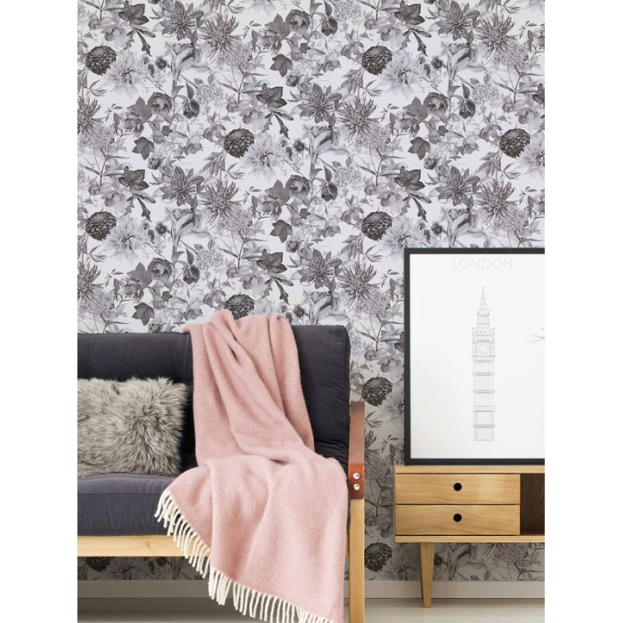 As Creation|Papel Pintado floral con estampado de flores blanco y negro|Papel Pintado