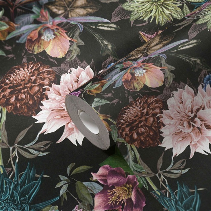 As Creation|Tapete mit Blumenmuster auf schwarzem Hintergrund|Tapeten