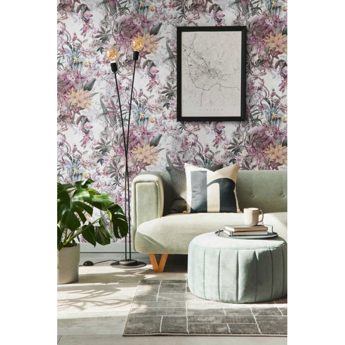 As Creation|Wallpaper with floral print in violet tones|Wallpaper