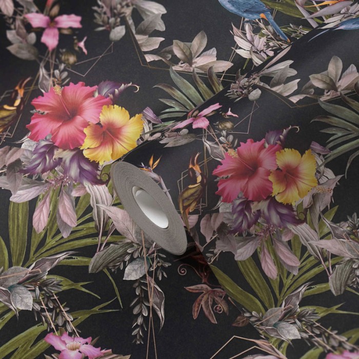 Papel Pintado floral con magnolias y fondo negro - As Creation Dream Flowery 381781