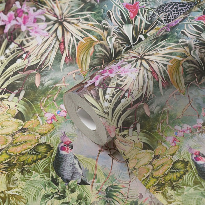 As Creation|Wallpaper tropical jungle watercolor parrots and leopards|Wallpaper