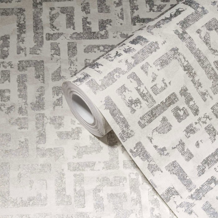Papel Pintado moderno laberinto blanco y gris metalizado - As Creation My Home My Spa 386951