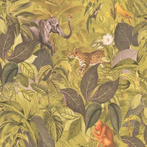 As Creation|Wallpaper parrots and tropical plants with beige background|Tropical