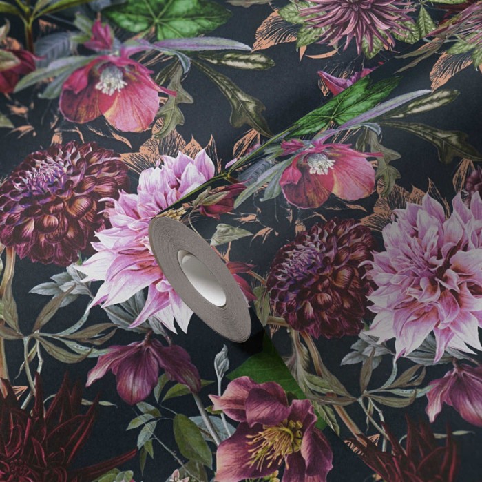 Papeldecor|Papier Peint fleurs luxuriantes fond noir|Papier Peint