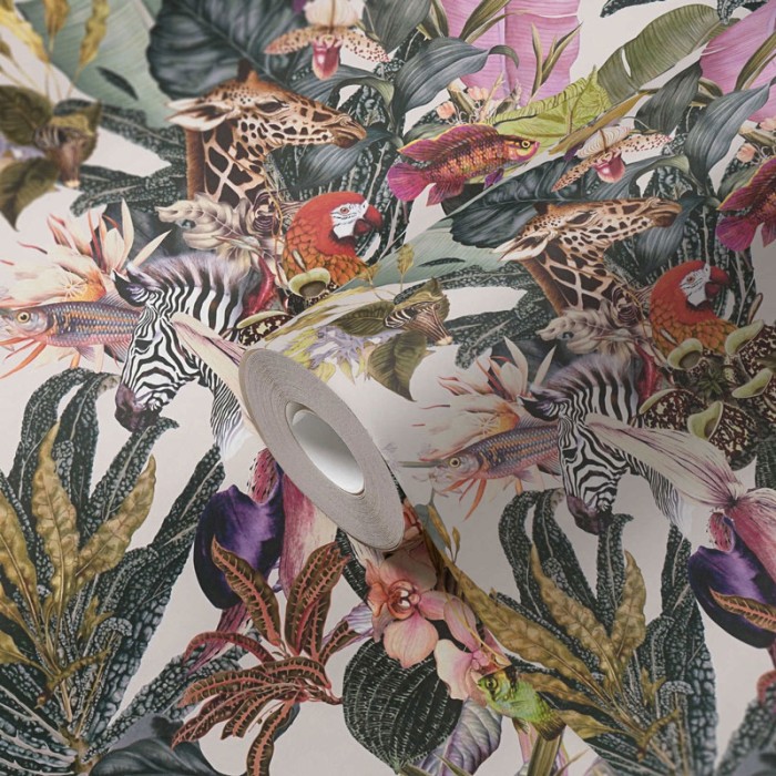 Papeldecor|Papier Peint faune fleurs fond blanc|Papier Peint