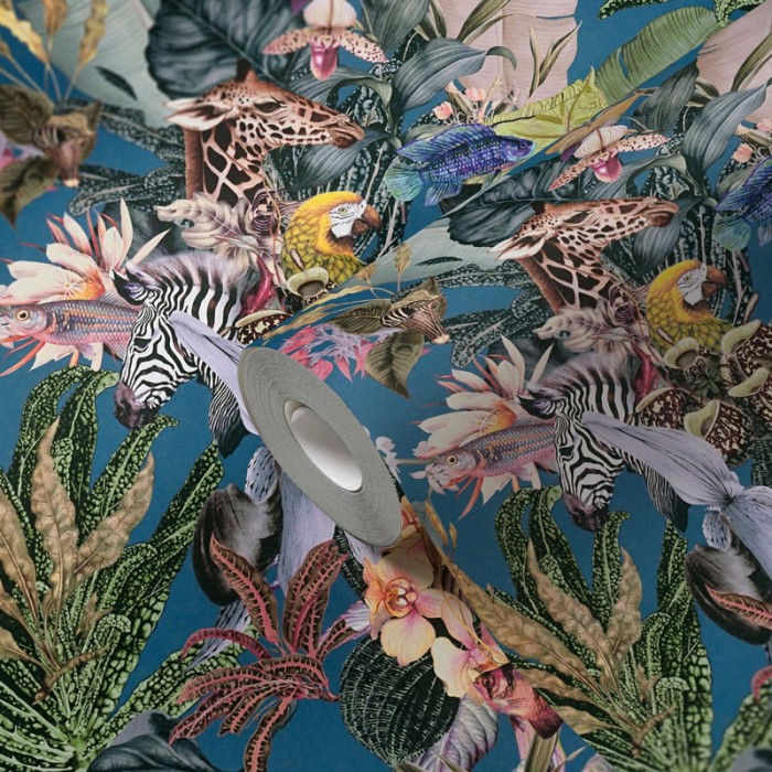 Papeldecor|Wallpaper jungle animals teal green|Wallpaper