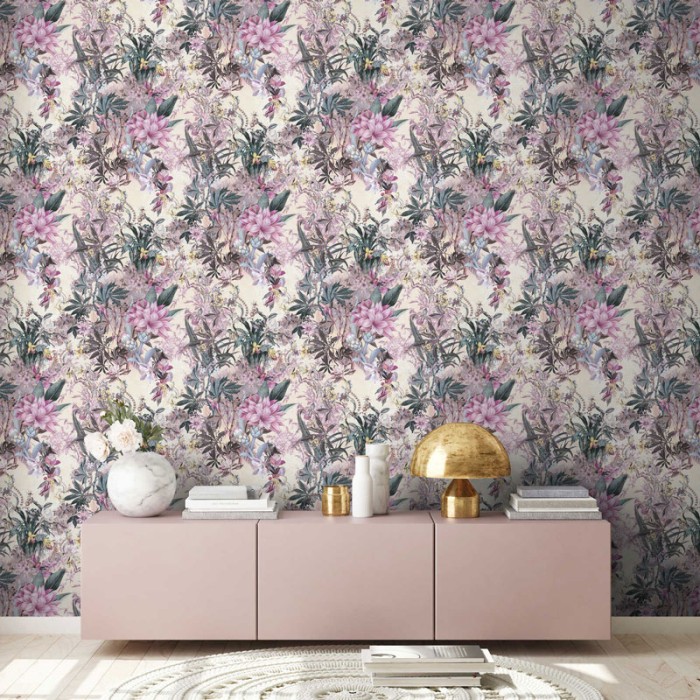 Papeldecor|Wallpaper cheerful pink and green flowers|Wallpaper