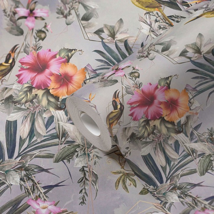 Papeldecor|Tapete exotische Blumen und Vögel|Tapeten