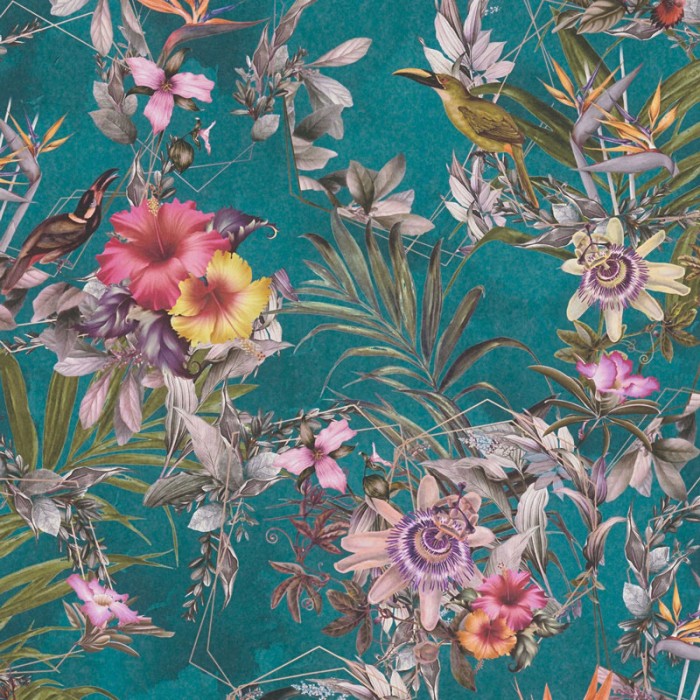 Papeldecor|Papel Pintado flores turquesa pájaros|Papel Pintado