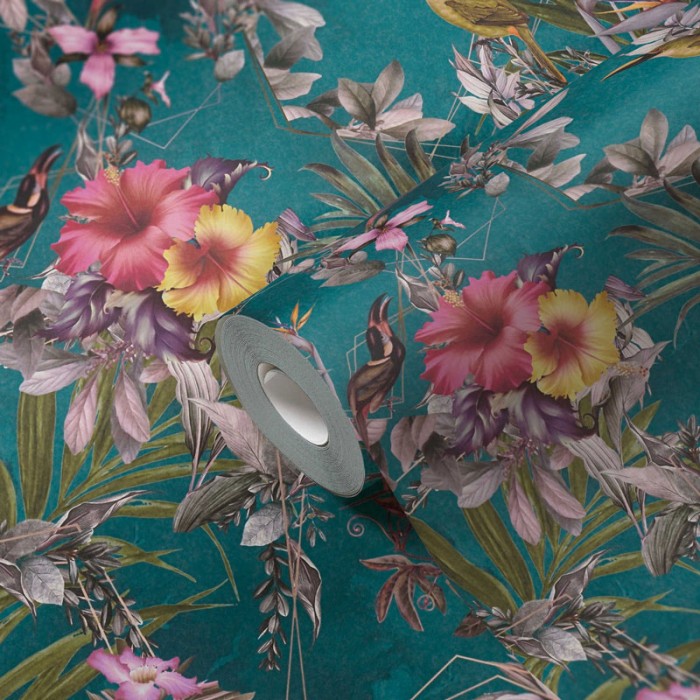 Papeldecor|Papel Pintado flores turquesa pájaros|Papel Pintado