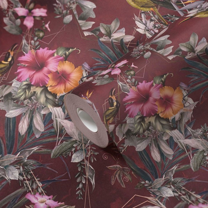 Papeldecor|Papier Peint fleurs style hawaïen rouge|Papier Peint