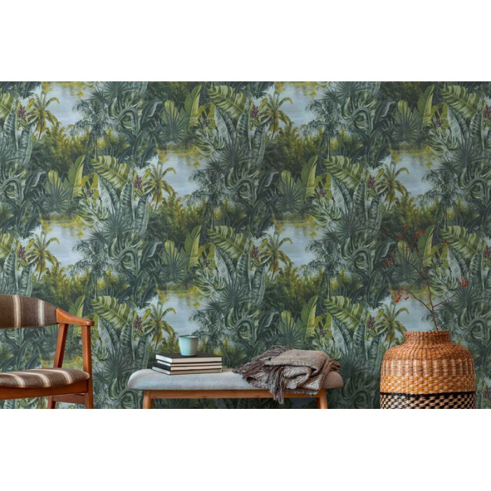 Papel Pintado palmeras estilo colonial verde -  222-3320