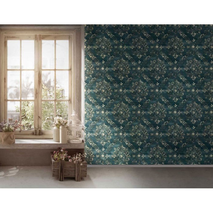 Papeldecor|Papel Pintado damasco verde dorado desgastado|Papel Pintado
