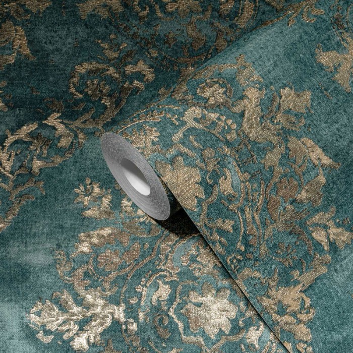 Papeldecor|Worn golden green damask Wallpaper|Wallpaper