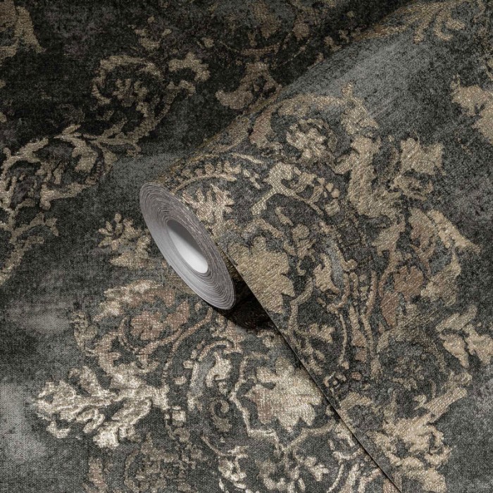 Papeldecor|Tapete glänzendes gold-schwarzes Damast|Tapeten