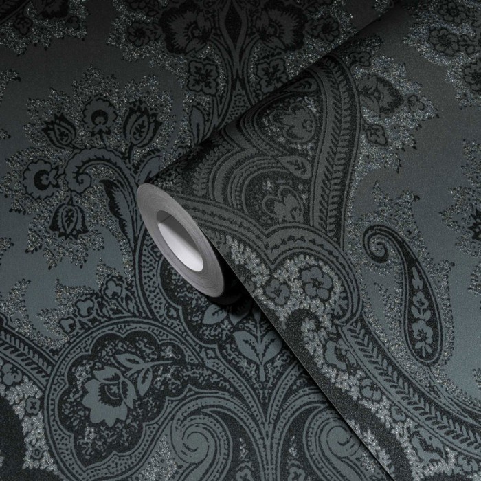 Papeldecor|Papier Peint damas noir argent brillant|Papier Peint