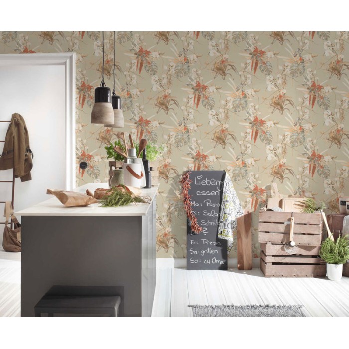 Papeldecor|Wallpaper parrots plants beige background|Wallpaper