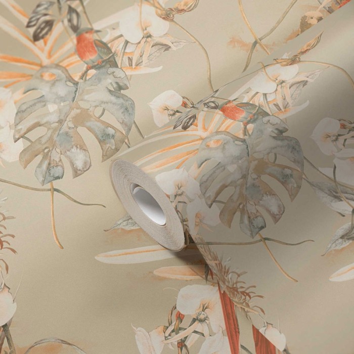 Papeldecor|Papier Peint perroquets plantes fond beige|Papier Peint