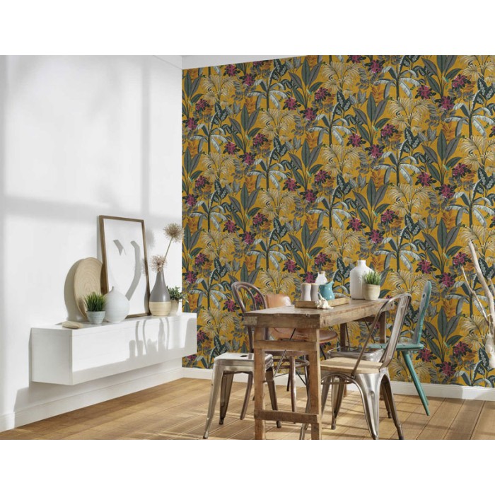 Papeldecor|Papel Pintado hojas tropicales mostaza|Papel Pintado