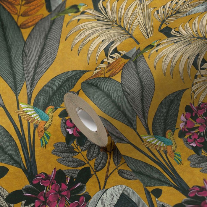 Papeldecor|Papel Pintado hojas tropicales mostaza|Papel Pintado