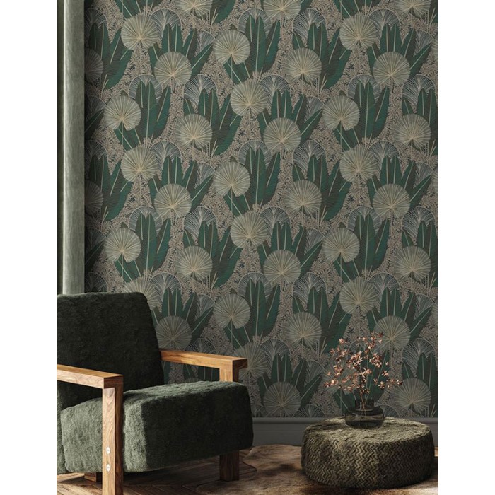 Grandeco|Florale Tapete tropisch grün glänzend|Tapeten