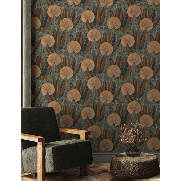 Grandeco|Papel pintado floral verde y terracota metalizado|Papel Pintado