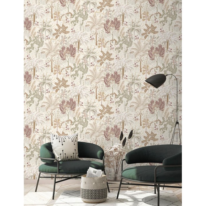 Grandeco|Papier peint palmiers tropicaux beige et or|Papier Peint