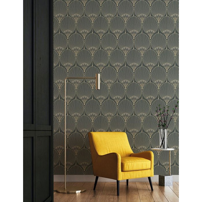 Grandeco|Papel pintado palmeras estilo Gatsby gris y dorado|Papel Pintado