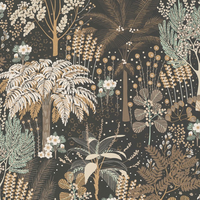 Papeldecor|Papel pintado paisaje tropical negro y dorado metalizado|Papel Pintado