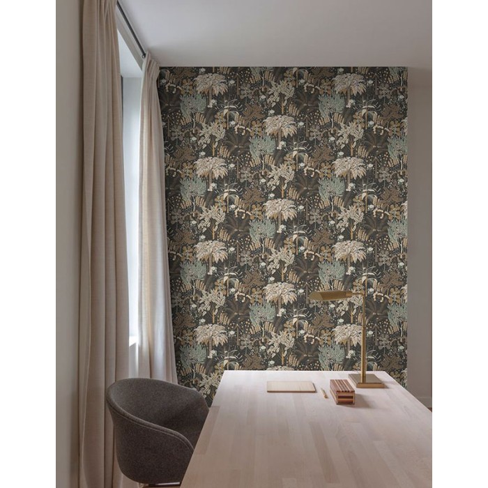 Papeldecor|Papel pintado paisaje tropical negro y dorado metalizado|Papel Pintado