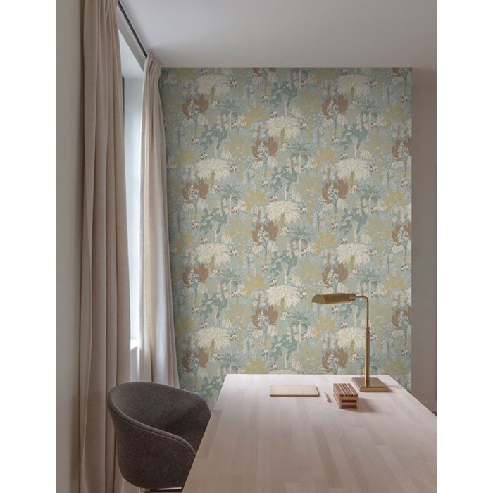 Papeldecor|Tropical wallpaper with turquoise and gold metallic palm trees|Wallpaper
