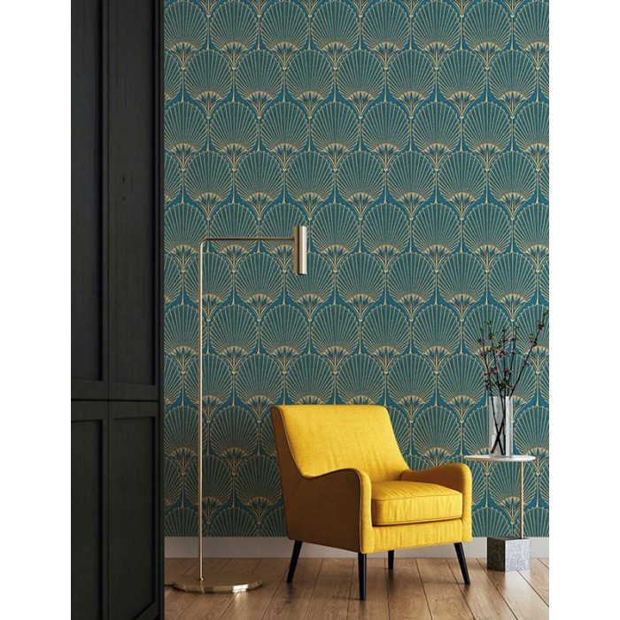 Papeldecor|Palmentapete im Art-Déco-Stil Petrolblau und Gold|Tapeten