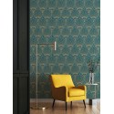 Papeldecor|Palmentapete im Art-Déco-Stil Petrolblau und Gold|Tapeten