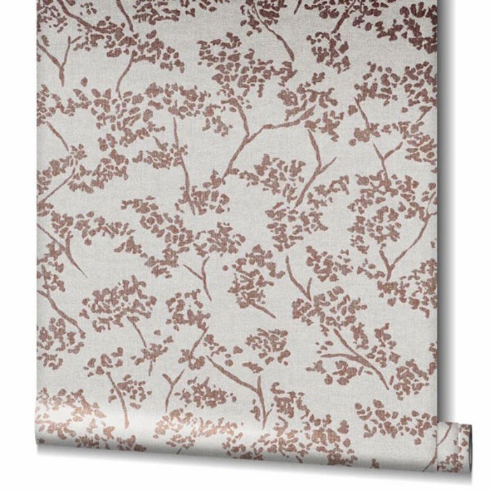 Papeldecor|Papel pintado floral gris claro con hojas metalizadas rojas|Papel Pintado