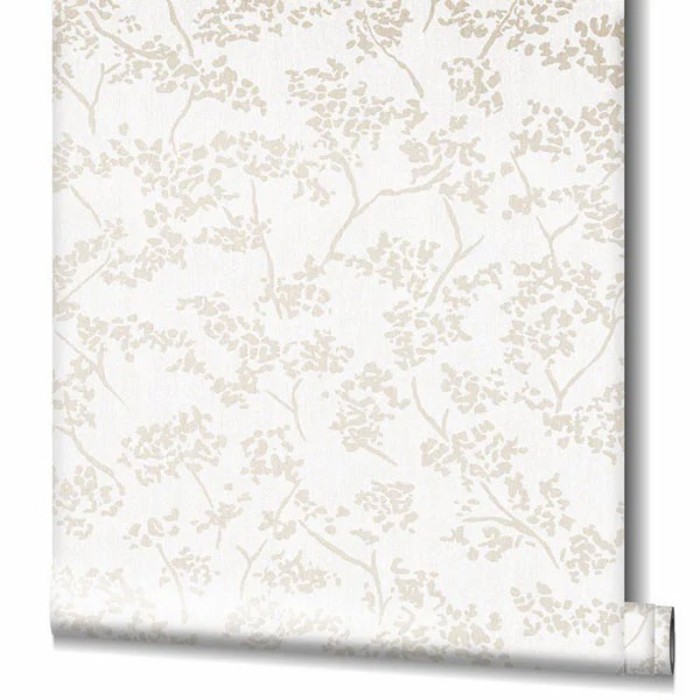 Papeldecor|Papel pintado floral blanco, hojas efecto brillo marrón|Papel Pintado